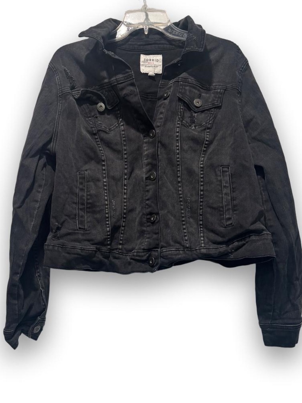 Torrid Size 1 Black Distressed Cropped Denim Trucker Jacket